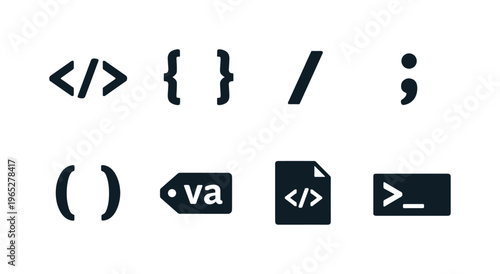 Minimal set of programming symbols and coding icons including angle brackets, braces, slash, semicolon, parentheses, file, tag, and terminal
