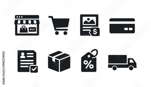 Set of black ecommerce and online shopping icons featuring storefront, cart, product image, payment card, invoice, package, discount tag, and delivery truck
