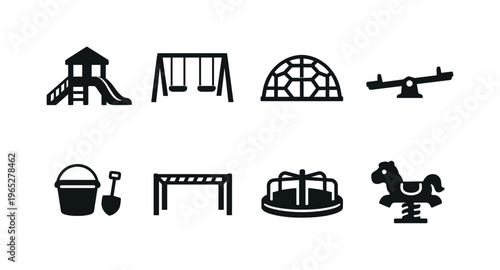 Set of black playground equipment icons including slide, swings, climbing dome, seesaw, sandbox bucket, monkey bars, merry-go-round, and rocker horse