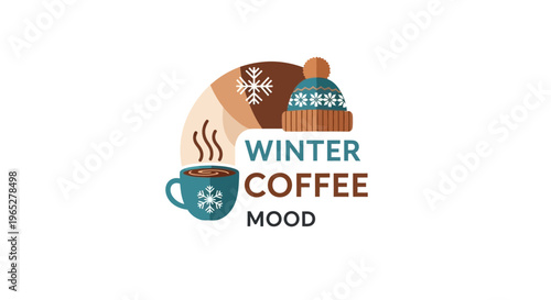 Cozy Winter Coffee Mood with Warm Hat and Snowflakes.