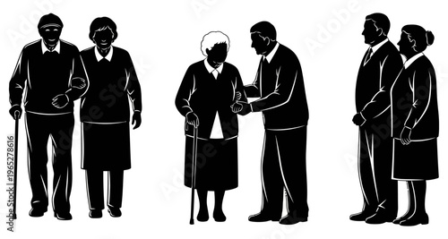 Elderly Couple Walking Together and Being Assisted by Younger Adults Silhouette