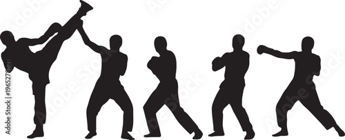 Martial arts silhouettes, kickboxing vector icons, fighting poses, combat sports graphics, athletic illustrations