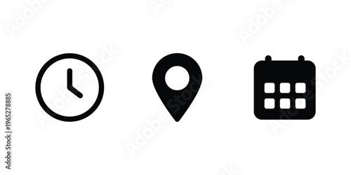 Essential Contact and Event Icons Set – Clock, Location Pin, and Calendar Symbols for Web and App UI Design.