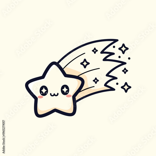 A cute, cartoon-like shooting star with a smiling face, rosy cheeks, and sparkling eyes. It's trailing a stylized, dark blue streak with sparkles