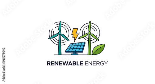 Illustration of Renewable Energy Sources with Wind Turbines and Solar Panel.