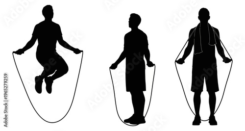 Male Silhouette Jumping Rope Exercise Set Fitness Training Workout Routine