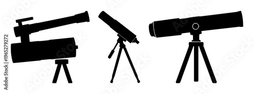 Telescope set with solid black icon against white background featuring telescope, stargazing, astronomy with vector and illustration