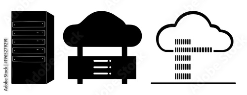 AI server rack icon set with solid black design and white background featuring cloud computing, server rack, AI, technology with graphics and illustration