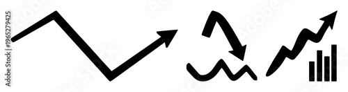 Downward market trend chart icon set with solid black form on white background featuring line chart, bearish trend, monetary indicator with finance and analytics