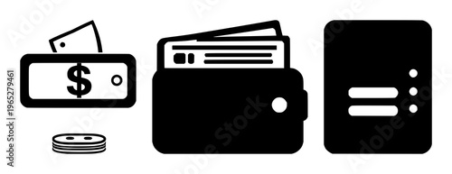 Savings account passbook icon set with solid black design on white background featuring finance, banking, accounting with simple and minimalist