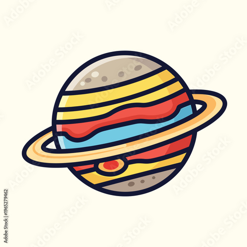 A colorful, cartoon-styled planet with rings and layered bands of varying colors, against a beige background. Simple and clean