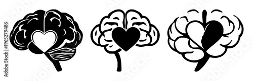 Mental health brain set with solid black icon on white background featuring stylized brain, heart, wellness symbol with black and white and minimalistic