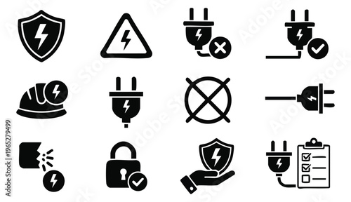 Solid vector icon set with electrical safety symbols, electric shock protection, power plug, hazard warning.