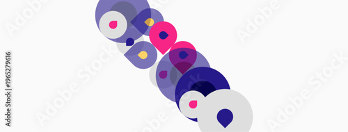 Abstract colorful circles overlap, forming dynamic composition. Purple, pink, blue hues dominate white background. Modern design element.