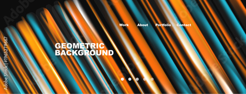 Abstract geometric lines create vibrant background. Text includes work, about, portfolio, contact. Modern design elements present dynamic visual appeal.