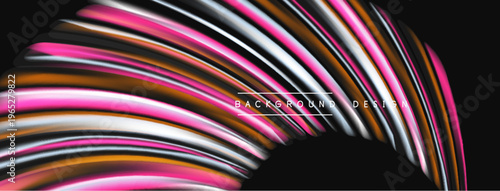 Abstract swirling lines create dynamic visual effect. Pink, orange, white hues contrast against dark background. Modern design element.