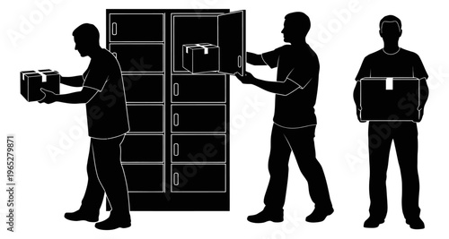 Man Placing Package in Locker Retrieval and Holding Box Silhouette Vector