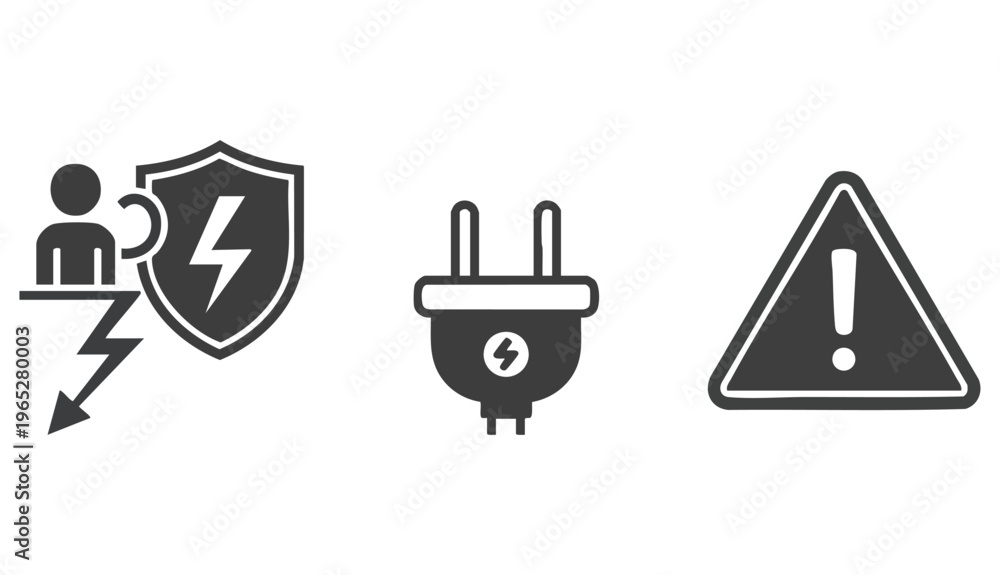 Fototapeta premium Solid vector icon set with electrical safety symbols, electric shock protection, power plug, hazard warning