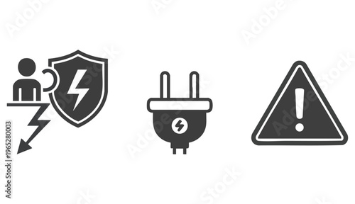 Solid vector icon set with electrical safety symbols, electric shock protection, power plug, hazard warning