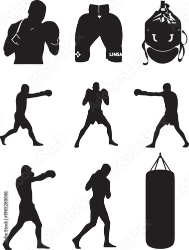 Boxing, fighting, sports icons, black silhouettes, athletic graphics, 9 elements