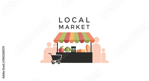 Local Market Stall with Fresh Produce and Shopping Cart.