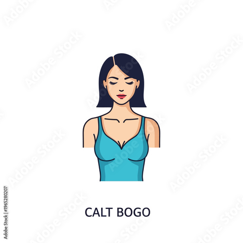 Illustration of a woman with short black hair wearing a blue camisole.