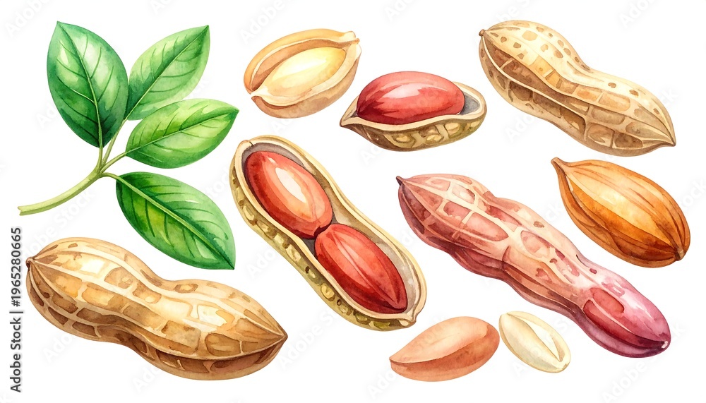 Fototapeta premium A detailed watercolor illustration depicting various stages of peanuts in shell, shelled, with leaves, and split open