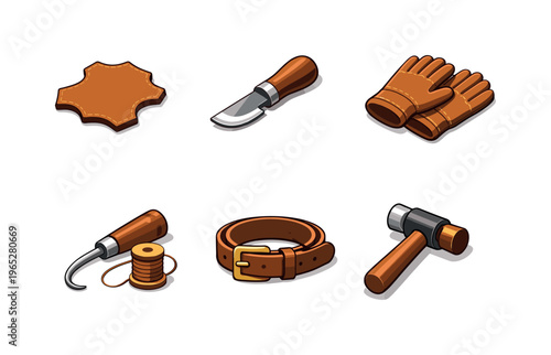 Set of leathercraft tools and accessories including hide piece, cutting knife, stitching awl with thread spool, belt, gloves, and mallet illustration