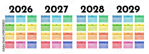 Set of calendars for 2026, 2027, 2028 and 2029 on a white background