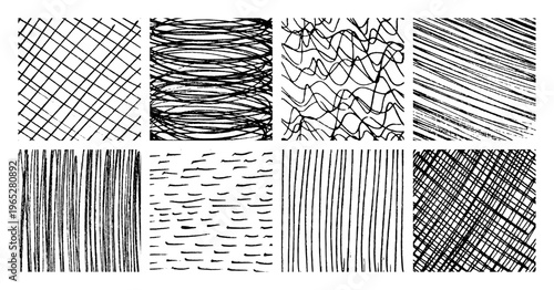 Set of monochrome hand-drawn crosshatch textures