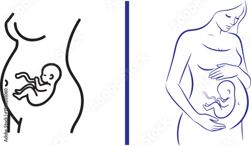 Black and blue line art illustrations depicting a fetus in the womb, showcasing prenatal development and the profile of a pregnant woman to represent maternal health and motherhood.
