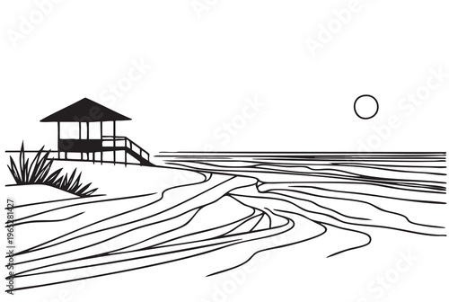 Doodles one line sketch primitive drawn summer beach landscape