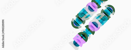 White background features overlapping text fragments. Colors include purple, green, black. Text appears distorted, illegible. Minimalist design.