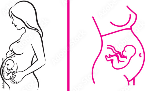 Elegant line art featuring a black profile of a pregnant woman and a pink close-up of a womb with a fetus, illustrating pregnancy, prenatal development, and maternal health care.