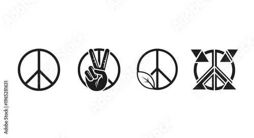 Collection of four distinct peace symbols in black and white.