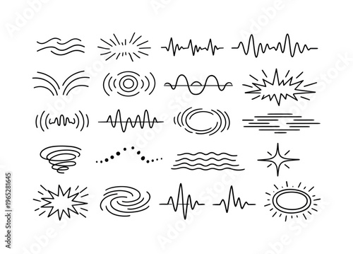 Collection of hand-drawn abstract line symbols and soundwave doodles, including wavy lines, bursts, spirals, ripples, and radiating shapes on white