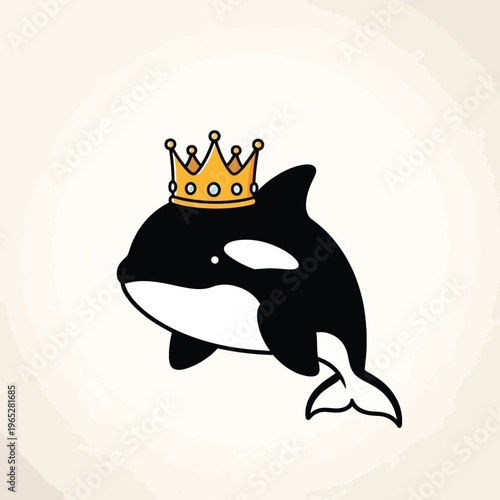 A cartoon-style illustration of an orca, shown in black and white with a white spot and a golden crown atop. Background is beige