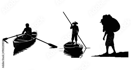 Silhouetted Figures Navigate Waterways in Traditional Boats and Carry Goods