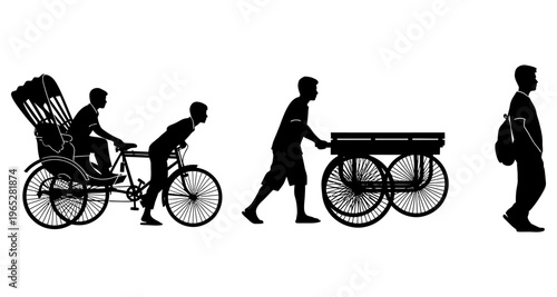 Silhouettes of Asian Transportation Methods: Rickshaw Bicycle Cart and Pedestrian