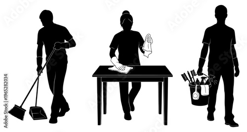 Silhouettes of People Cleaning Home Interior Surfaces and Floors with Tools