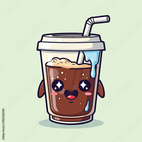 A cute cartoon drawing of an iced beverage in a cup with a straw. It has a smiling face, arms, and a drippy condensation effect