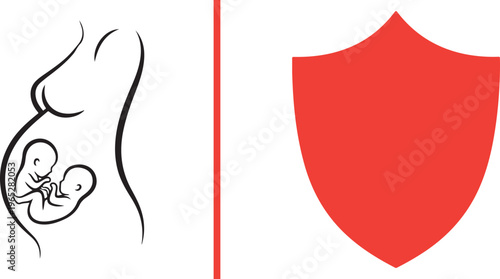 Flat vector icons of a black line art pregnant woman with twins in the womb and a solid red security shield, representing prenatal care, maternal health, and fetal protection.