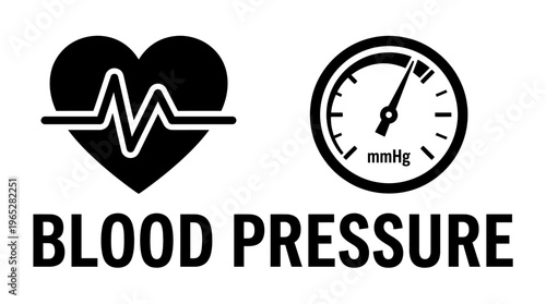 Heart with EKG line and pressure gauge icons, symbolizing cardiovascular health, blood pressure monitoring, and medical awareness.