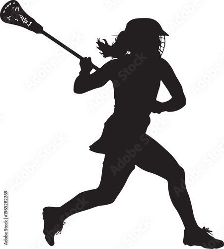 Lacrosse player, woman running, sports silhouette, athletic vector, black icon