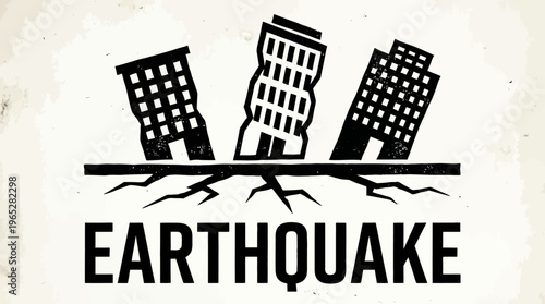 Circular emblem with tilted buildings, cracked ground, and bold “EARTHQUAKE” text, symbolizing seismic destruction and urban instability.
