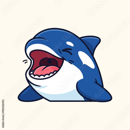 A cartoon-style illustration of an orca whale with its mouth wide open, smiling, and eyes closed. The whale is colored blue and white with a pink mouth