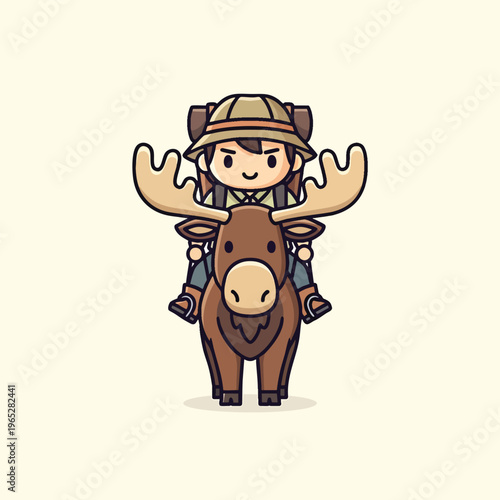 A cute cartoon explorer wearing a hat and backpack rides atop a moose, depicted with minimalist style against a beige background