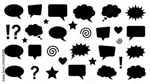 Comic silhouettes of speech bubbles, thought clouds, bursts, stars, hearts, and punctuation, symbolizing dialogue, emotion, and action.