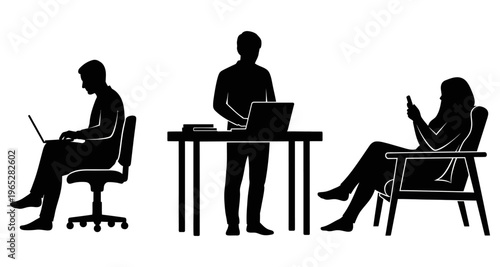 Silhouettes of People Working Remotely on Laptops and Phones Minimalist Style