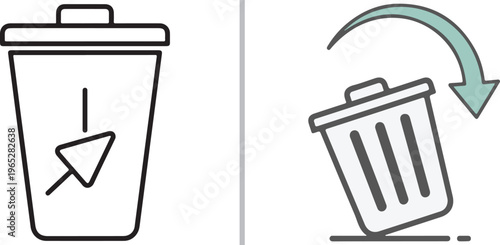 Flat vector line icons of a trash can with a cursor arrow and a tilted bin with a curved arrow, illustrating digital file deletion, recycling actions, and computer interface waste management.